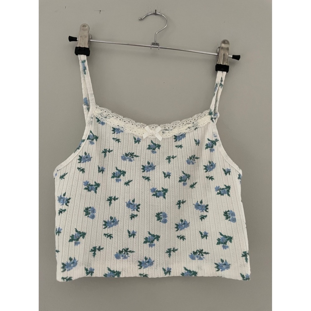 Princess Polly Floral Ribbed Crop Cami Top‎ White Blue Lace Trim US 2